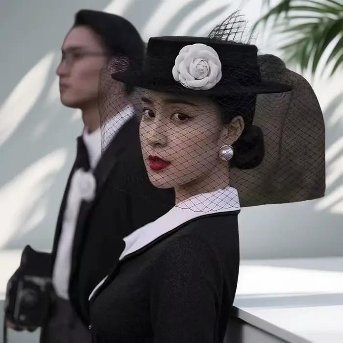 Hebe Style noir dentelle camélia chapeau élégant français noble à la mode plat haut-de-forme Chic casquette sans bride
