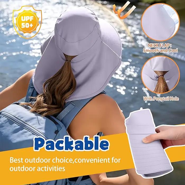 Chapeau de protection solaire pour femme UPF 50+ (large bord avec trou pour queue de cheval)