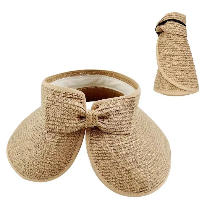 Nouveau femmes été visières chapeau pliable large grand bord nœud papillon vide haut chapeaux de paille