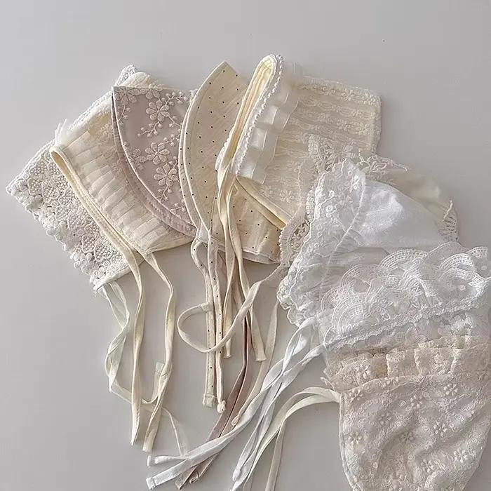 Nouveau bébé Bonnet dentelle nouveau-né fille baptême chapeau pour 0-6 mois filles coton été infantile