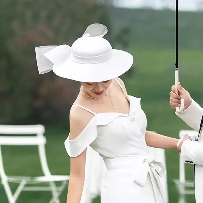 Chapeau pour femme avec nœud en satin de style français – Fedora de mariage élégant