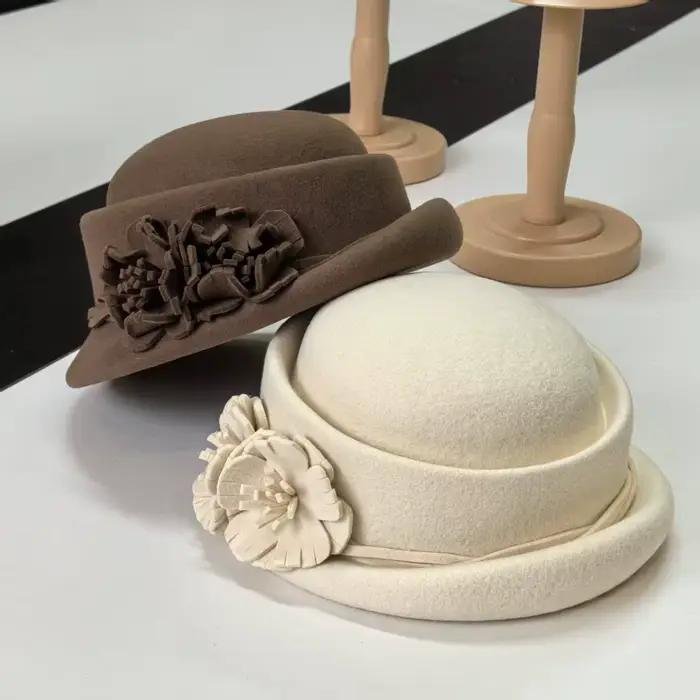Casquette Fedora en feutre de laine fleur de camélia 3D pour femmes