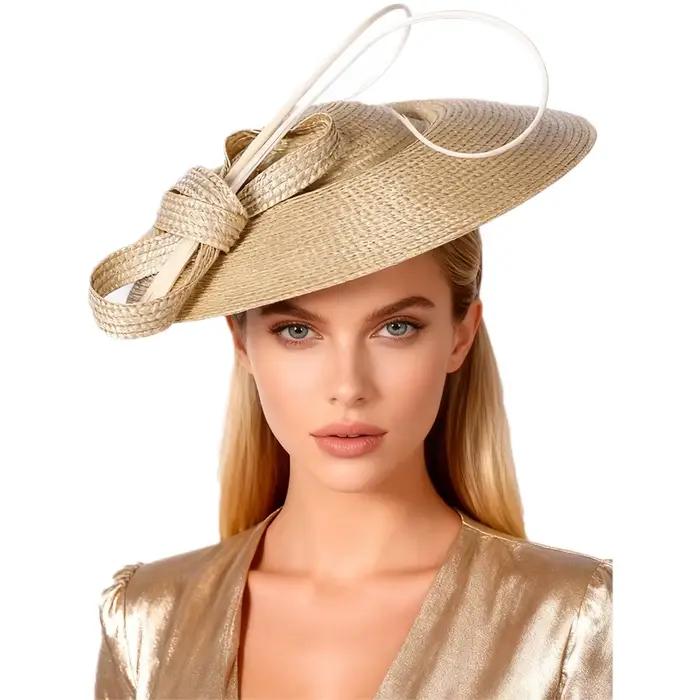 Fascinator FS en Paille à Large Bord Élégant Blanc Kaki pour Femmes Occasions Formelles Été Hiver Église Kentucky Derby