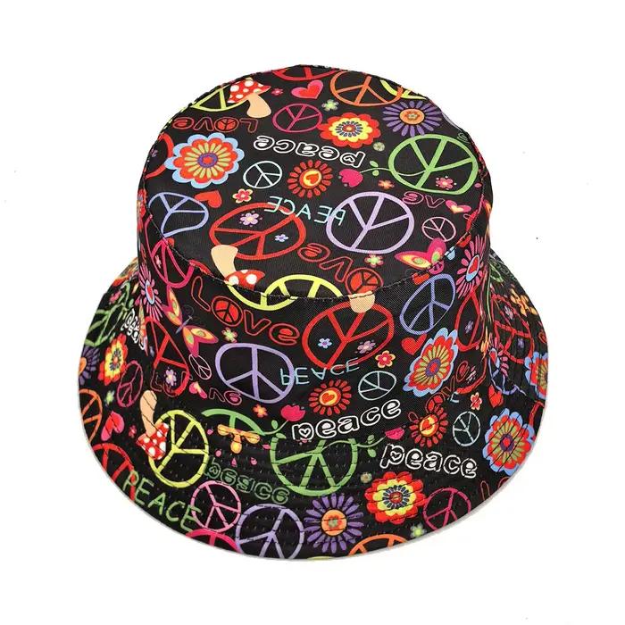 Chapeau Bob Hippie Imprimé Floral Amour et Paix Réversible Noir Intérieur Anti-UV Femme Homme Rétro Années 70 Casquette Plage Voyage Extérieur