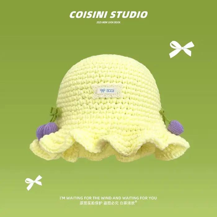 Ins doux tulipe autocollant à volants bord tricoté seau chapeaux femmes automne hiver voyage mode chaud polyvalent pull décontracté casquette