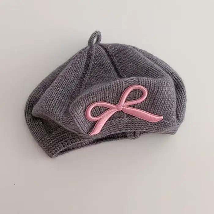 Béret pour filles, chapeau tricoté en laine avec nœud brodé