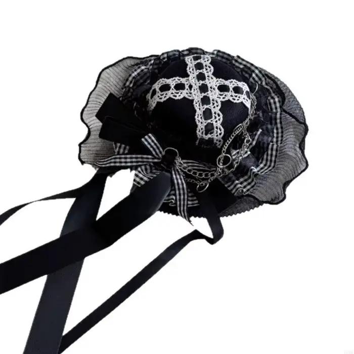 Chapeau gothique en voile dentelle avec nœuds foncés et motifs à carreaux pour femmes, accessoire de mode alternative pour sorties et fêtes à thème