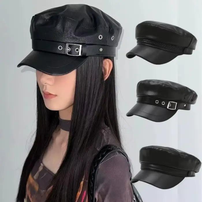 Béret classique à visière plate en cuir PU noir