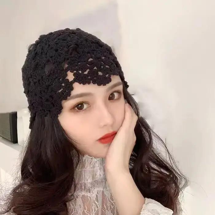 Chapeau de broderie de fleurs au crochet creux, bonnet rétro français pour femmes, accessoire mode polyvalent pour toutes les saisons et occasions décontractées