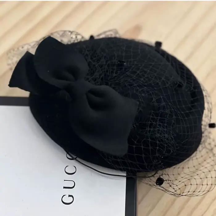 Chapeau à nœud en laine de Style britannique Vintage avec voile