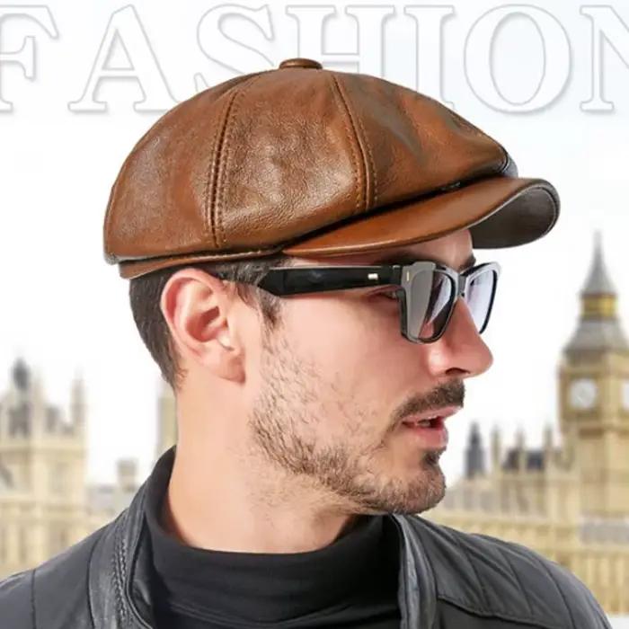 Chapeau octogonal rétro en cuir véritable homme multifonctionnel pour étudiants et occasions extérieures printemps automne