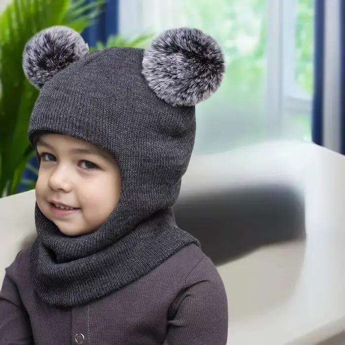 1 pièces Juniors Double Pom Poms combiné chapeau écharpe mignon cagoule chapeaux garçons filles saison froide laine casquette de balle
