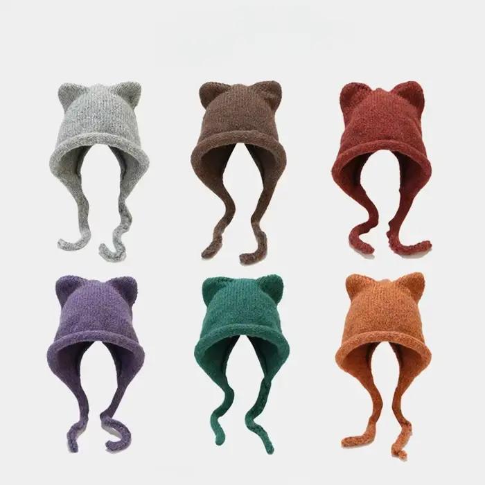 Corée du Sud mignon chat oreille tricoté chapeau femmes japonais cravate tout chaud coupe-vent