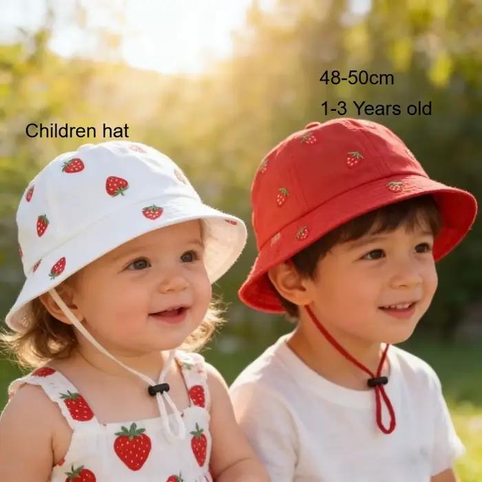 Chapeau de pêcheur pour fille avec broderie fraise 48-50cm