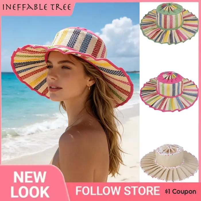 Chapeau de soleil pliable en paille avec bord froissé, protection UV, large bord, idéal pour l'extérieur, la plage et les voyages, accessoire décontracté, style sombrero pour femme et homme