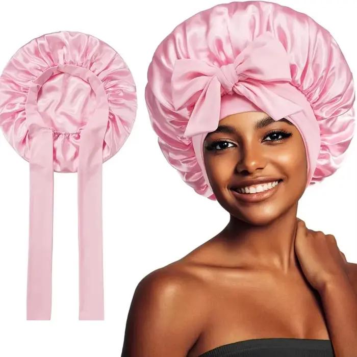 Bonnet de nuit en satin soyeux uni avec large bande extensible réglable et lien de fixation pour cheveux
