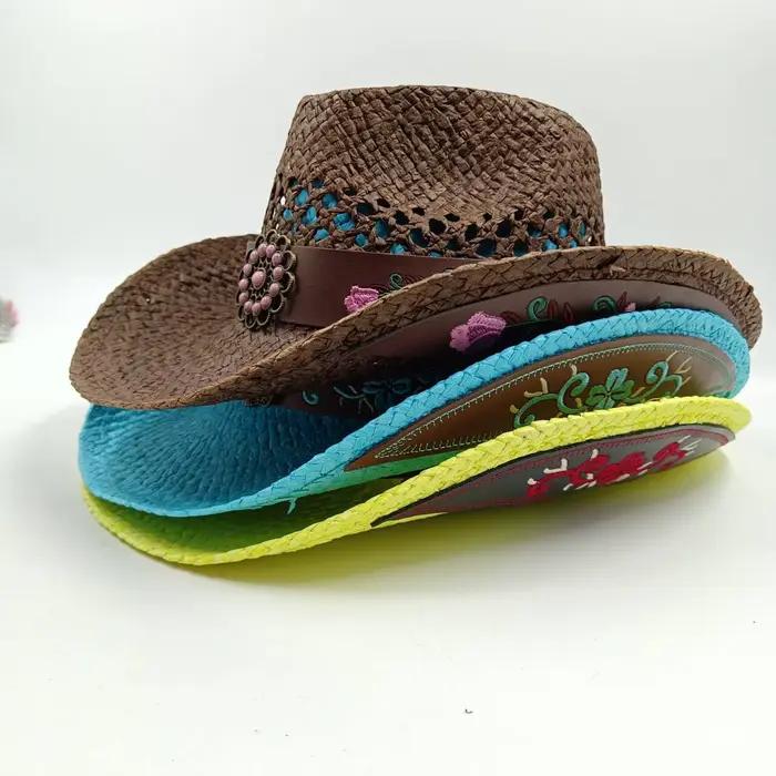 Chapeau de paille de cow-boy jaune citron, décalcomanie brodée, chapeau de soleil de cow-boy occidental, chapeau de chevalier de printemps, chapeau d'été à larges bords, Sombrero, 2024