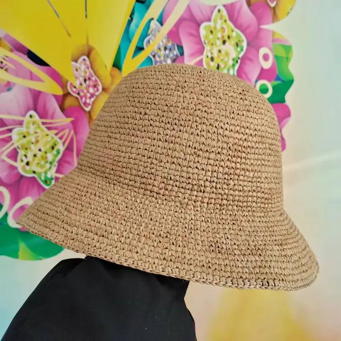 Chapeau seau en paille de raphia naturel au Crochet pour femmes