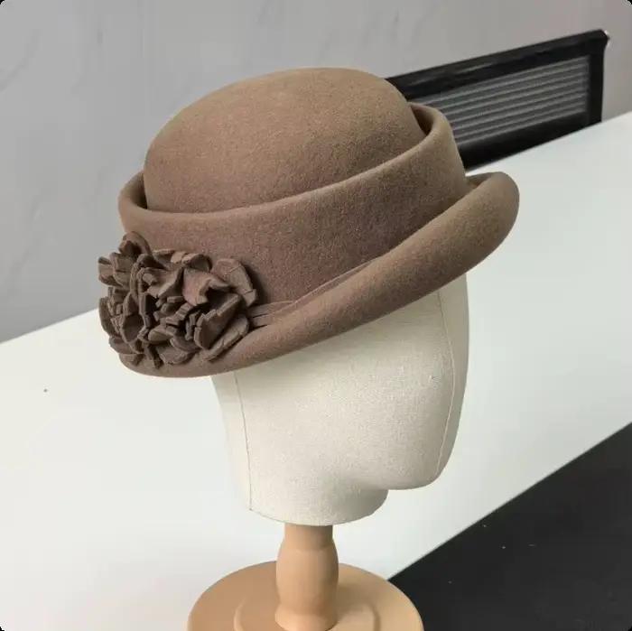Casquette Fedora en feutre de laine fleur de camélia 3D pour femmes