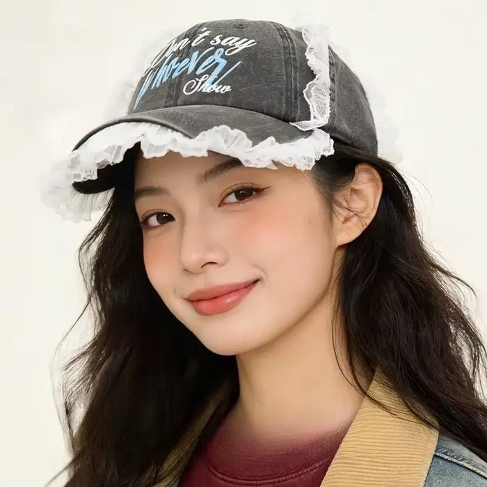 Casquette de baseball vintage américaine brodée avec lettres et dentelle lavée pour femme – Printemps-Été – Style urbain polyvalent