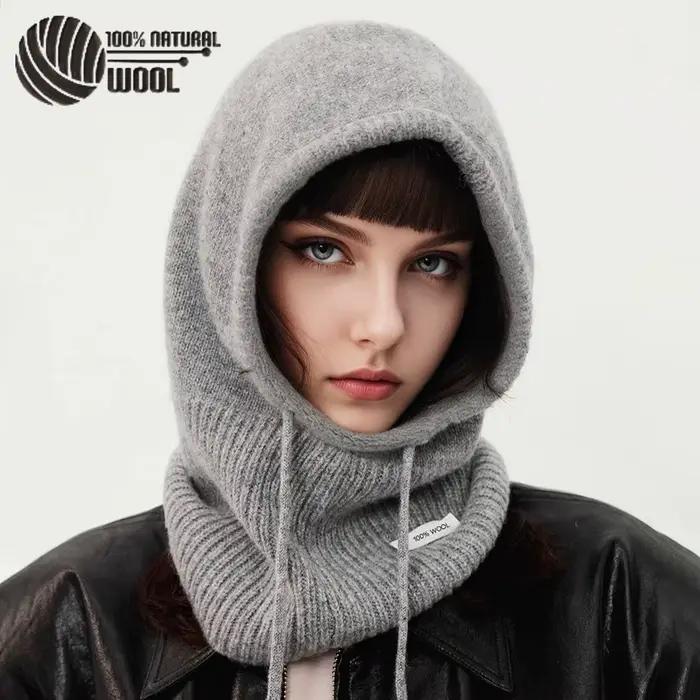 100% laine hiver cagoule chapeau Bonnet pour femmes tricoté casquettes à capuche en plein air chaud une pièce col de cou bonnets chapeaux femme
