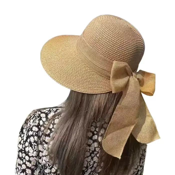 Chapeau de soleil à nœuds papillons pour femmes, paille, beige khaki, protection UV, bord large, style sport décontracté pour l'été