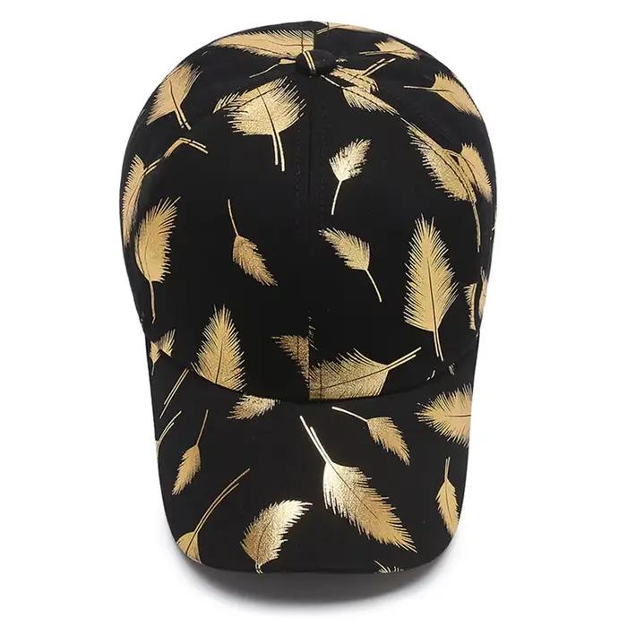 Casquette de baseball FS Brand noire à imprimé plumes dorées pour hommes et femmes