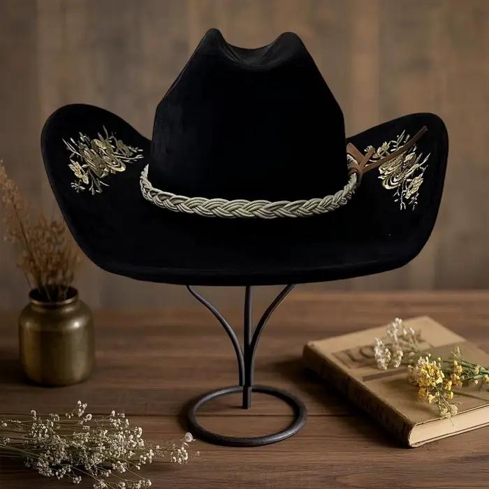 Lamuusaa y2k Western Cowgirl Hat pour femmes et hommes à la mode broderie florale large bord Protection solaire feutre robe chapeau