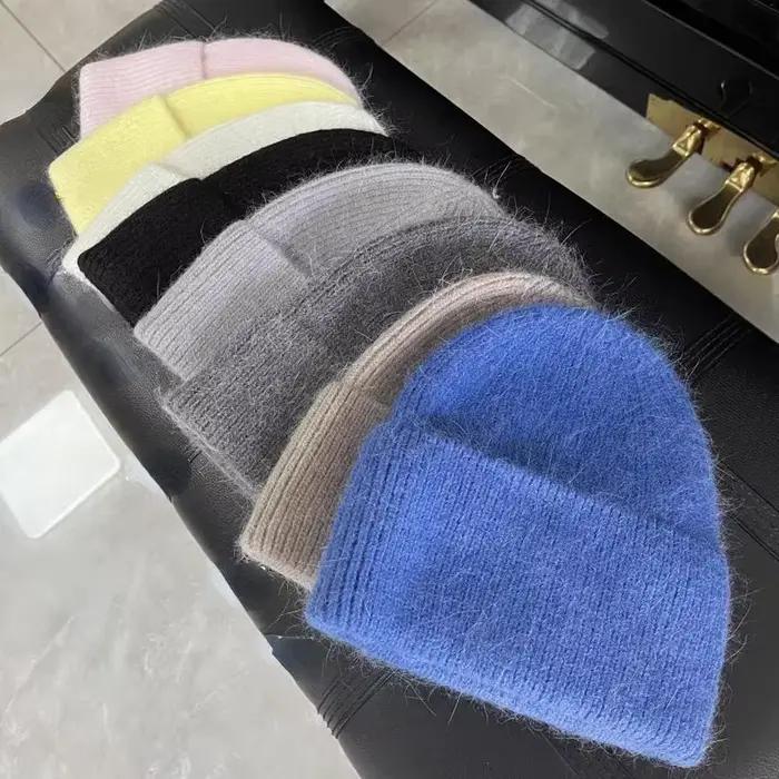 2024 Angora tricot chapeau d'hiver pour femmes fourrure de lapin moelleux tricoté bonnets corée luxe Bonnet femme doux