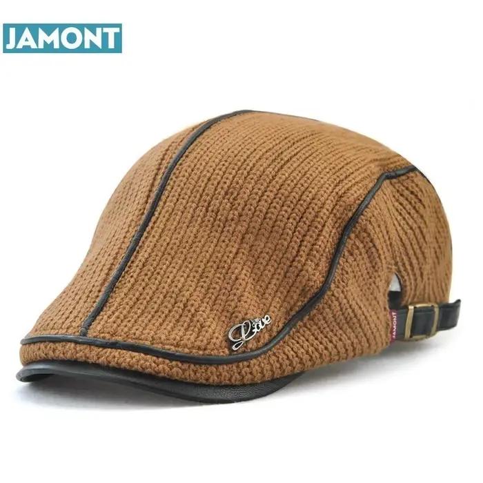 JAMONT English Style Winter Woolen Elderly Men Cap Thick Warm Beret Hat Classic Design Vintage Visor Cap Snapback