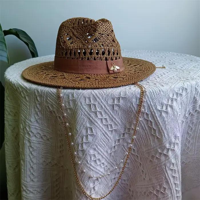 Nouveaux chapeaux de paille pour femmes à la mode en métal abeille lettre vacances élégantes chapeau de plaisancier été