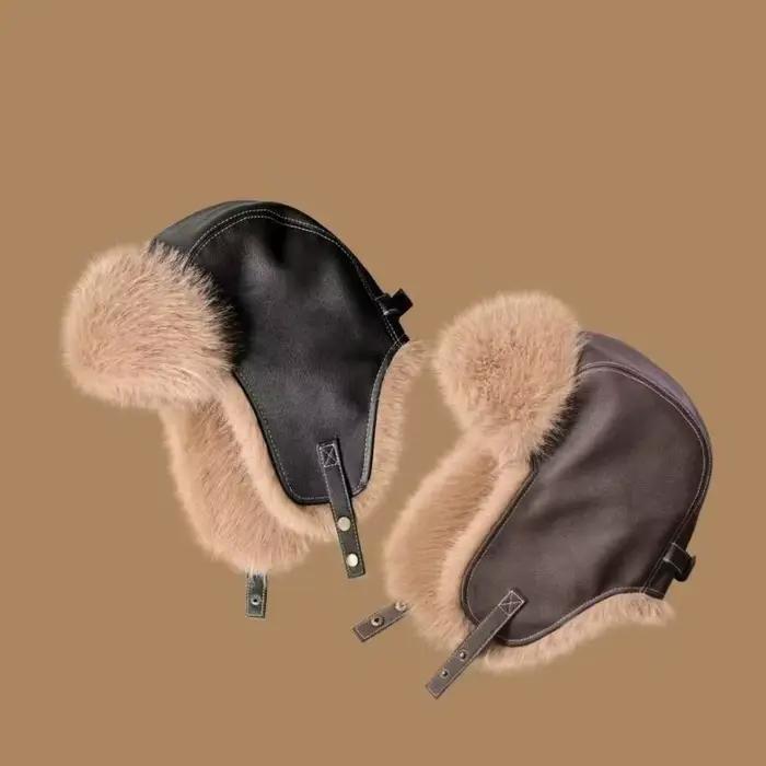 Chapeau de pilote d'hiver en cuir Pu