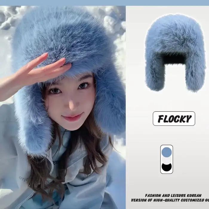 Chapeau de fourrure moelleuse femmes blanc noir bleu