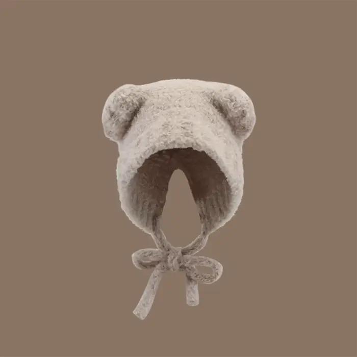 Bonnet chaud et mignon pour femmes avec cache-oreilles de l'ère ours, tricot épais et moelleux pour cyclisme de voyage en plein air, casquette de pull chaude pour automne et hiver