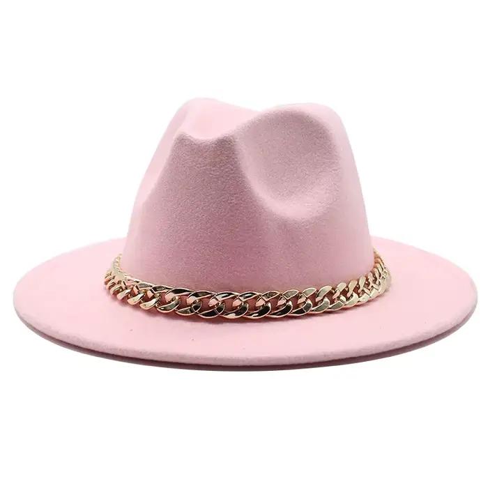 Fedora chapeaux pour femmes hommes à large bord épais chaîne en or bande feutré Chapeau Jazz casquette hiver automne