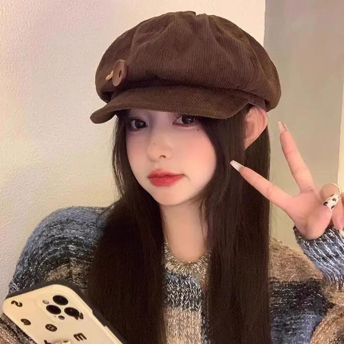 Béret vintage en velours côtelé pour femme
