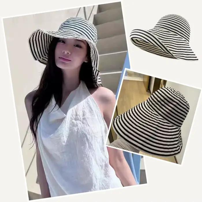 Chapeau de pêcheur rétro rayé à large bord pour femme