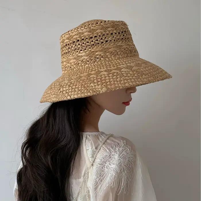 Chapeaux de soleil pliables en raphia tissé à la main pour femmes