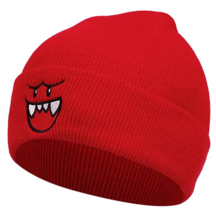 Chapeau tricoté aux expressions heureuses dessin animé sportif pour adultes hiver ski activités de plein air