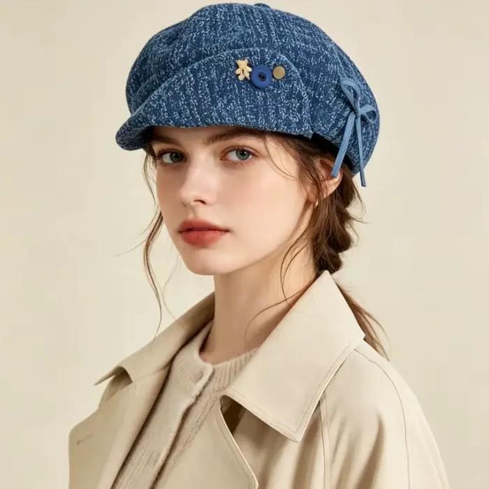 Bérets en jean pour femmes avec joli design à nœud et bouton