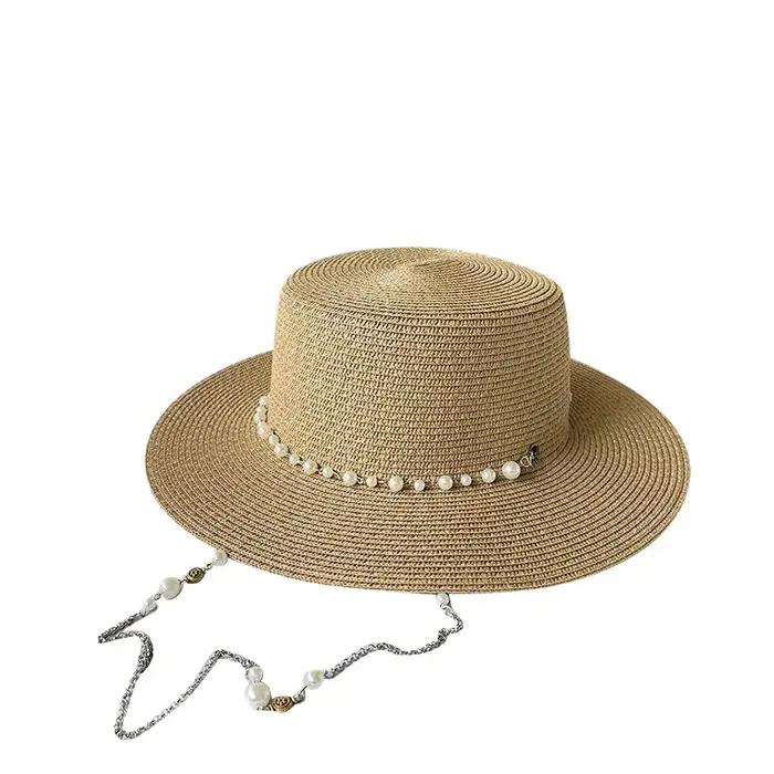Chapeau de bateau en paille avec chaîne de perles pour femmes