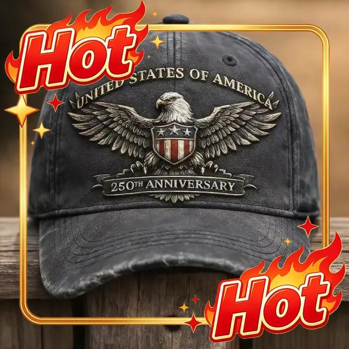 Chapeau personnalisé avec emblème d'aigle et bouclier du 250e anniversaire des États-Unis | Casquette grise vieillie