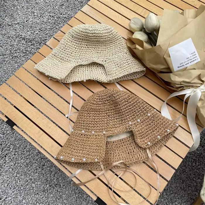 Chapeaux de paille évidés avec nœud en dentelle pour femmes
