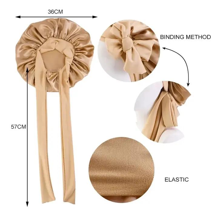 Bonnet de nuit en satin soyeux uni avec large bande extensible réglable et lien de fixation pour cheveux