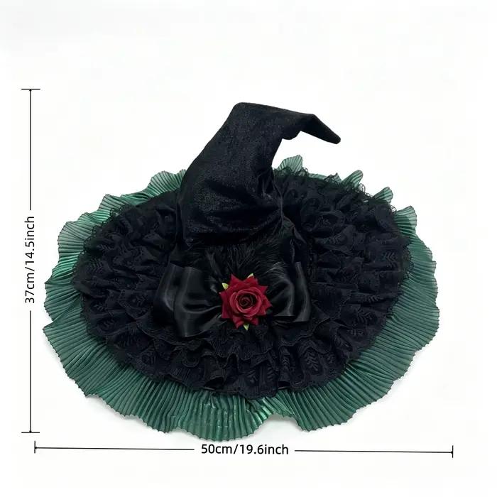 Chapeau de sorcière gothique Lolita à large bord, noir et violet, avec volants, dentelle et nœud rose, accessoires de costume pour Halloween, cosplay et soirées masquées
