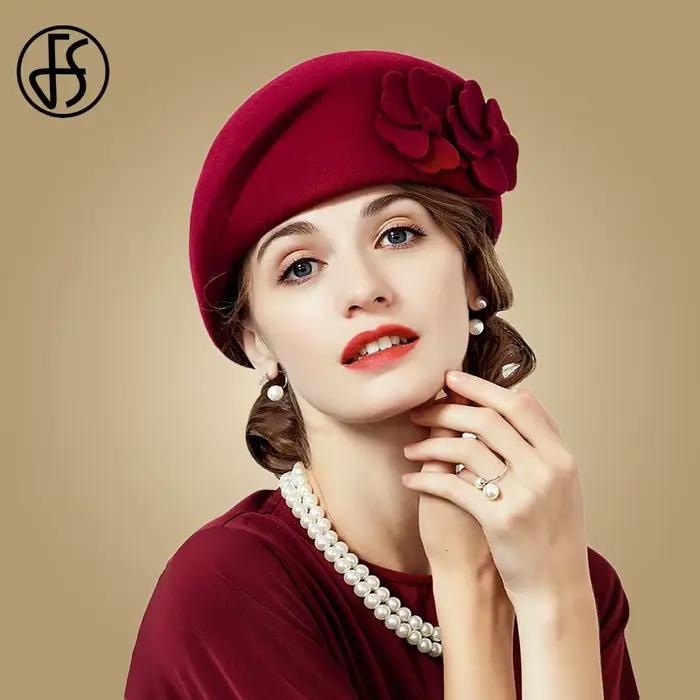 FS Vintage noir béret français 100% laine chapeau pour femmes rouge rose fleur Fedora hiver feutre dames église chapeaux Chepeau Feminino
