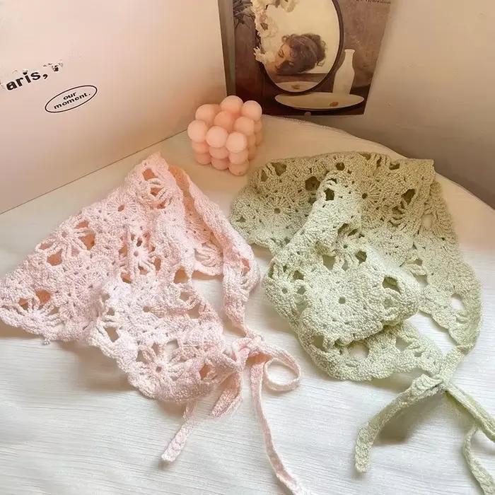 Mode tricoté foulard chapeau français Style pastorale Triangle bandeau à la main Crochet