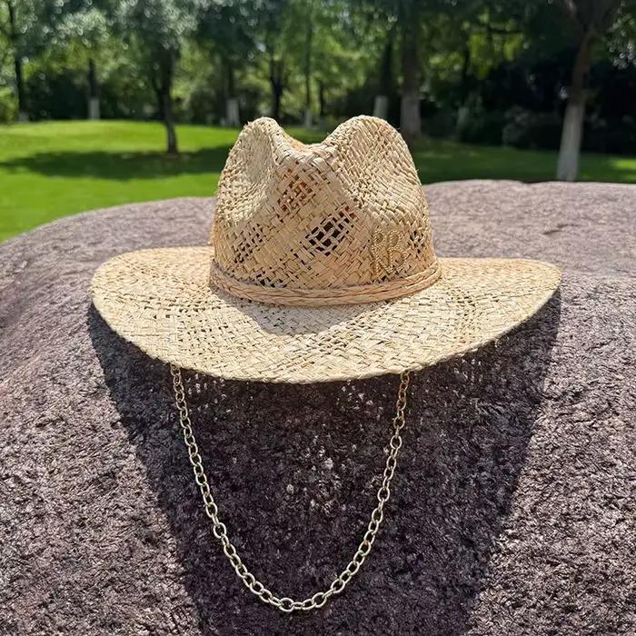 Chapeaux de Style de créateur originaux lettres en métal chaîne RB raphia Panama chapeau de paille fait à la main pour