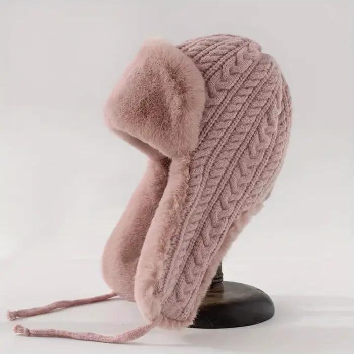 Chapeau en tricot pour femmes avec oreillettes étendues, conception épaisse à nouer, style coréen, polyester, hiver, décontracté, tricoté
