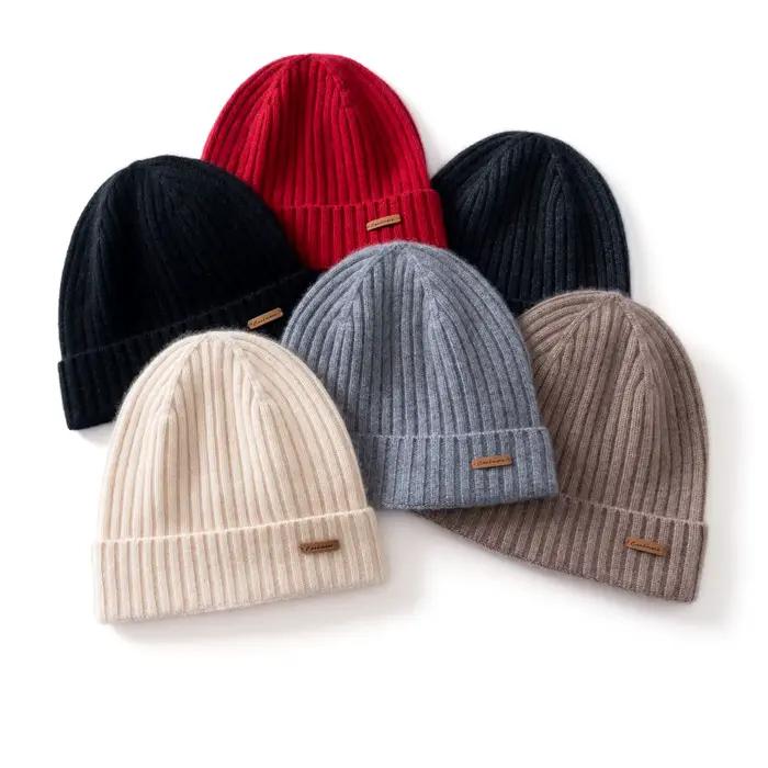 MERRILAMB 100% chapeau en cachemire naturel pour femmes/hommes en plein air doux chaud casquette hiver côtelé bonnet